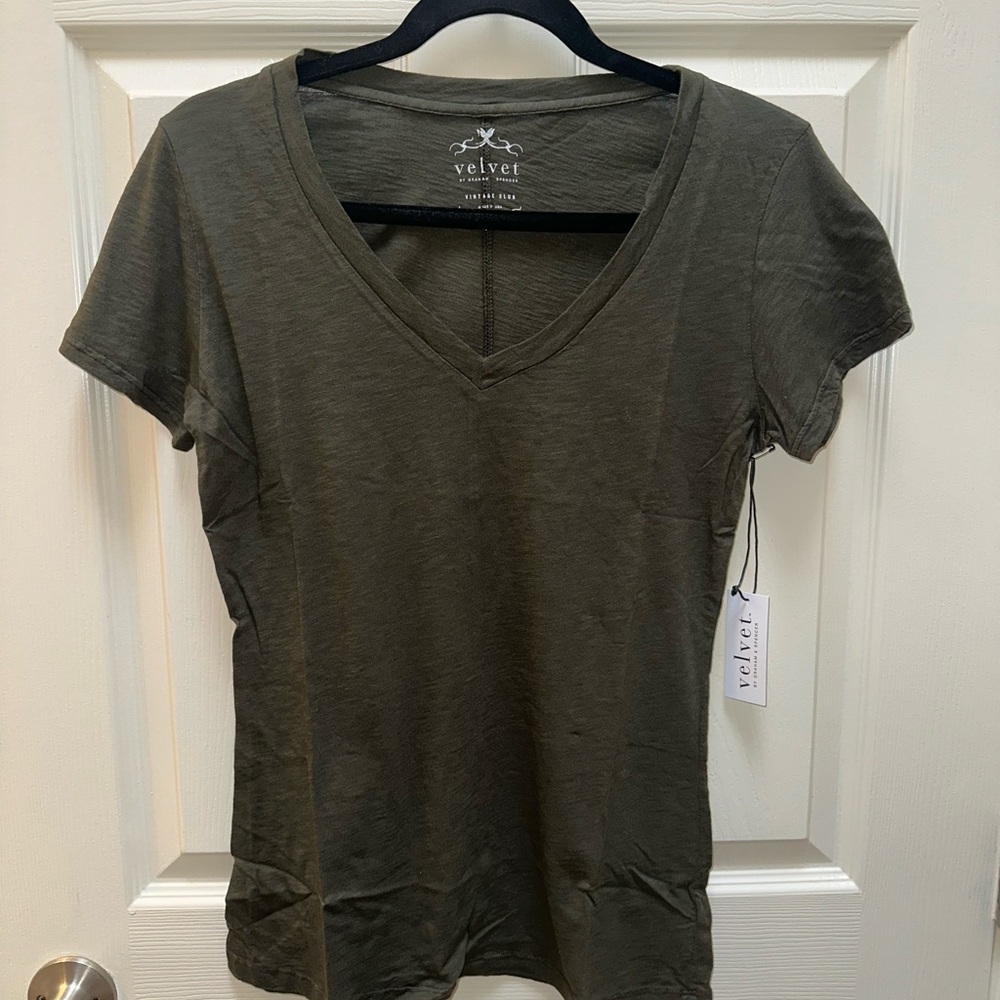 Velvet by Graham and Spencer “Lilith” Women's Short Sleeve V-Neck in Dark Olive